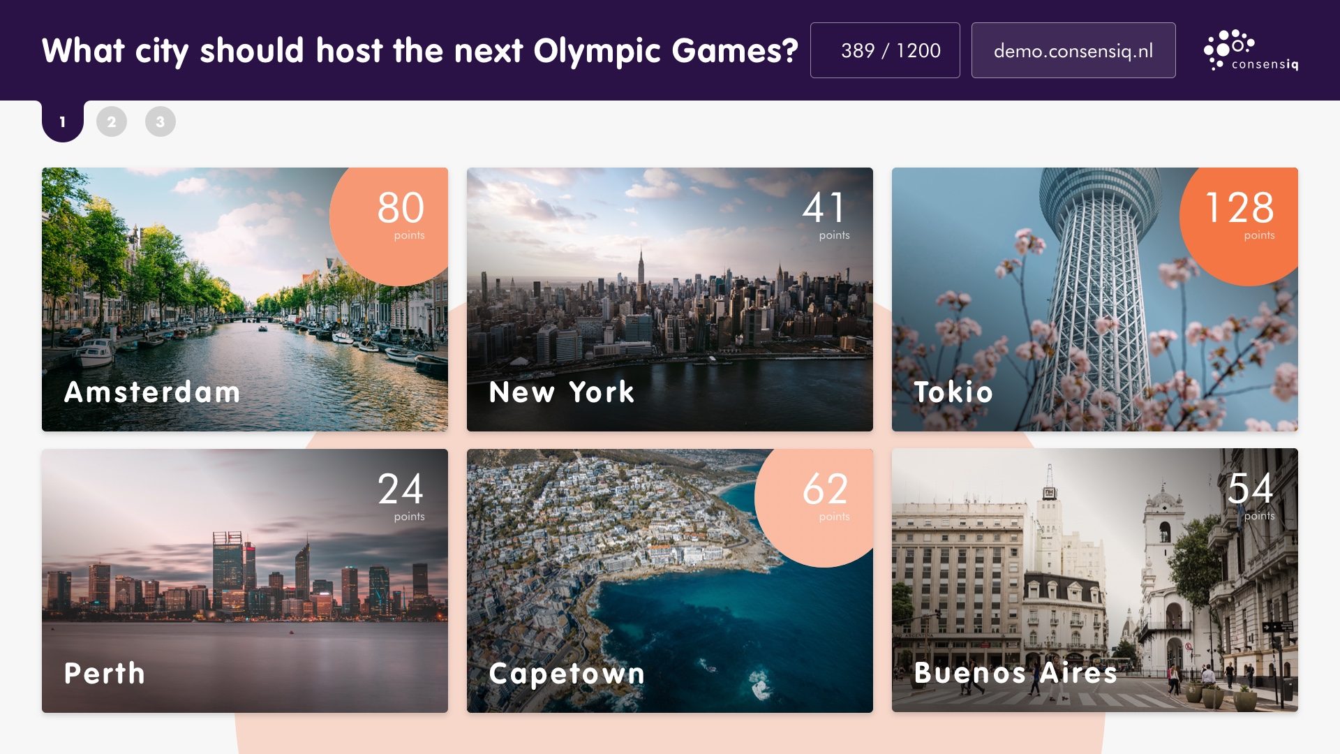 Vraag met afbeeldingen als opties: welke stad organiseert de volgende Olympische Spelen